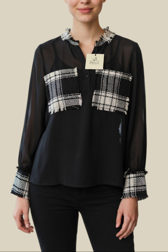 Blouse tendance Melitea noir et gris – taille S – seconde main femme