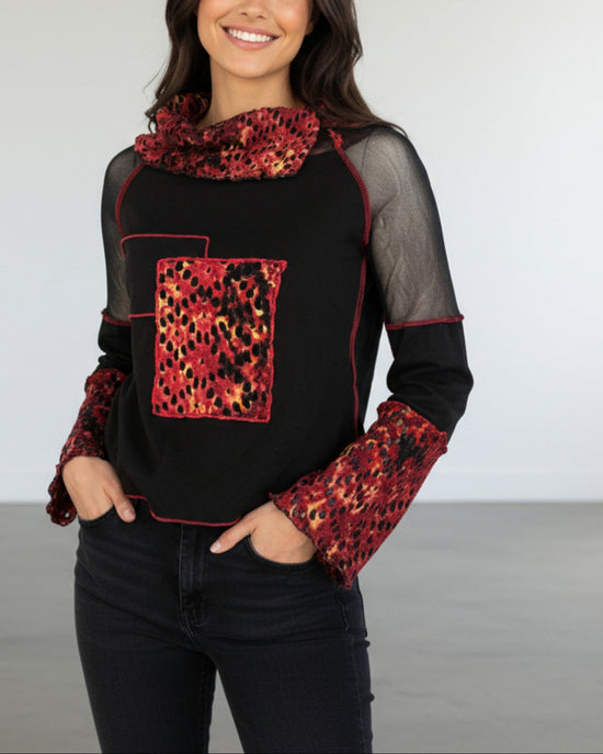 Haut vintage Mia Soana noir et rouge – taille S/XS – seconde main femme