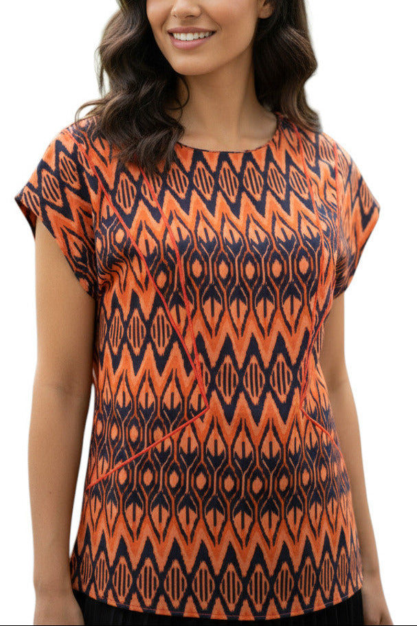 Haut Sandro orange et noir – taille S – seconde main femme