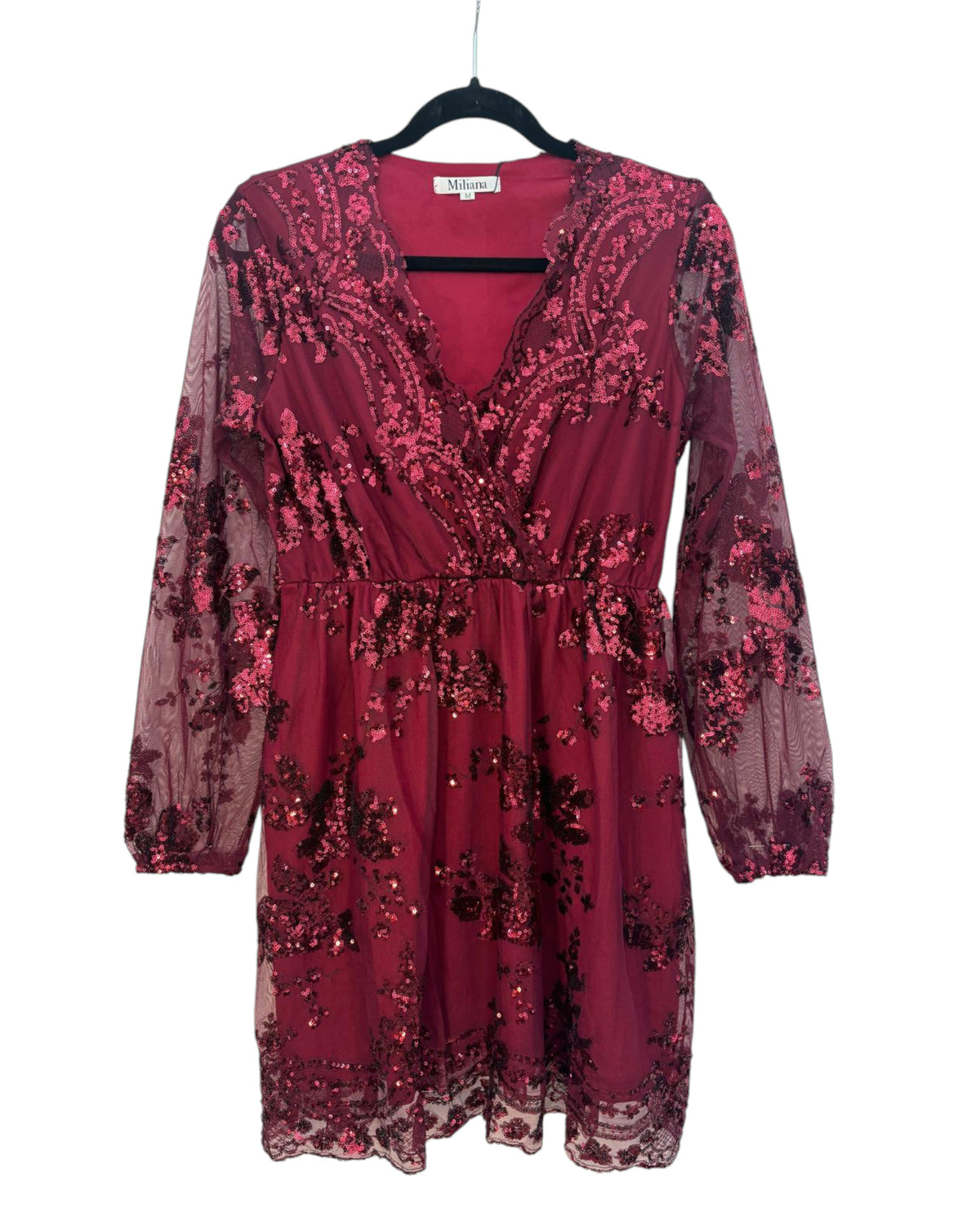 Robe manches transparentes avec sequins Miliana vert sapin et bordeaux – taille M/S – seconde main femme – photo 4