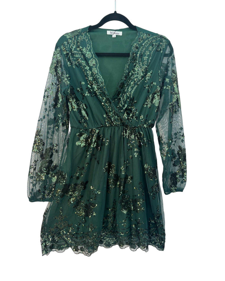 Robe manches transparentes avec sequins Miliana vert sapin et bordeaux – taille M/S – seconde main femme – photo 3