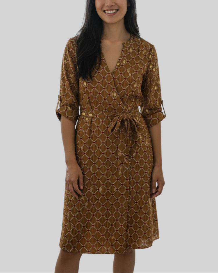 Robe fluide Flammant rose marron et doré – taille S – seconde main femme